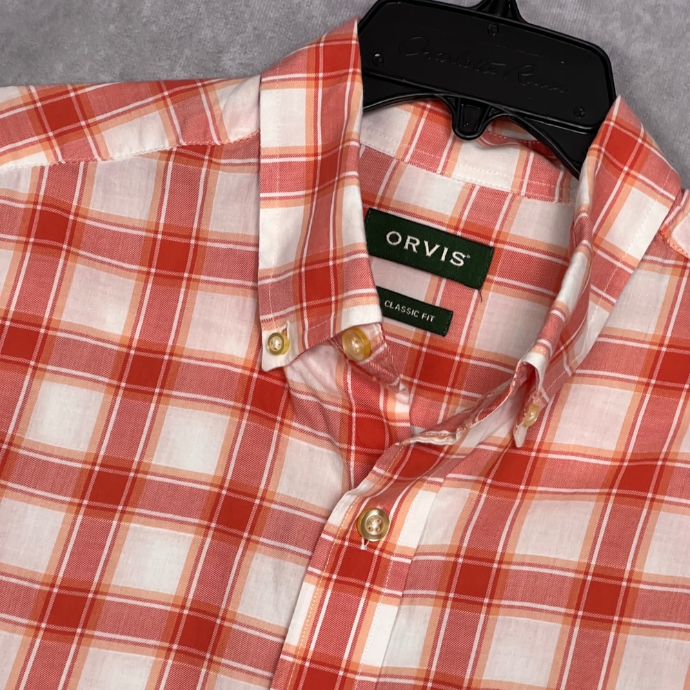 Orvis Button Down Shirt Mens Medium Orange White Plaid‎ Classic Fit Long Sleeve